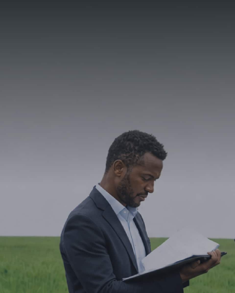 A man looking over a document in a field